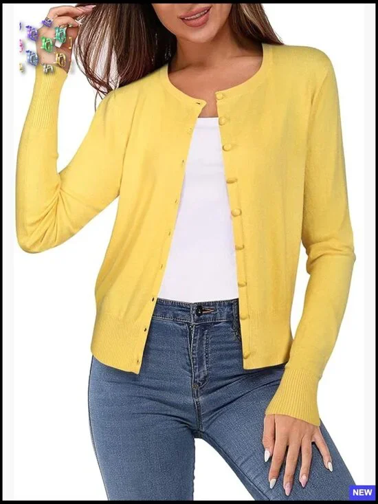 Lightweight Button Down Cardigan Long Sleeve Soft Knit Crew Neck Casual Chic - Picture 1 of 7